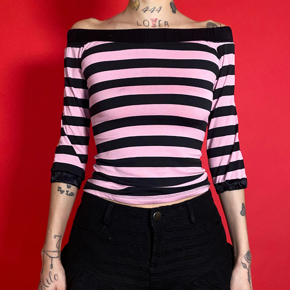 Vintage Pink/Black Stripped Off The Shoulder Top