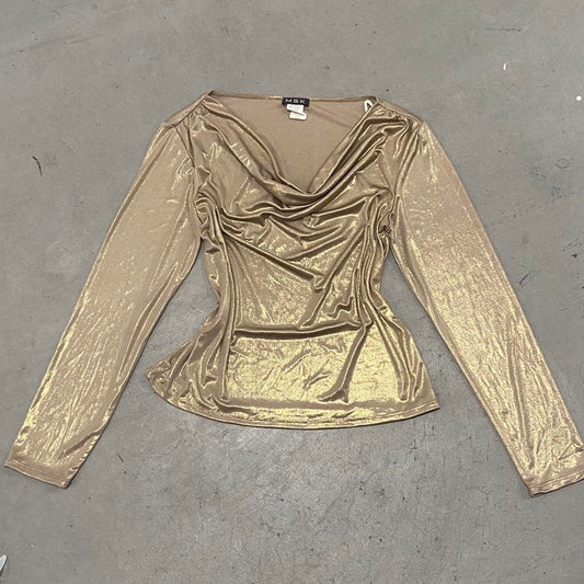 Vintage Metallic Gold Cowl Neck Long Sleeve